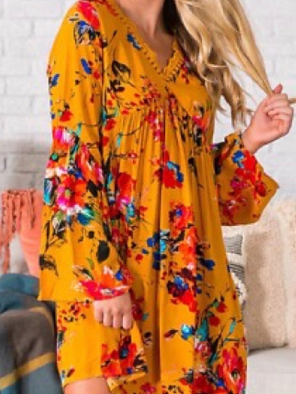 UMGEE Women's Mustard Yellow Floral Boho Long Sleeve Mini Dress ~ Small ~ Fall